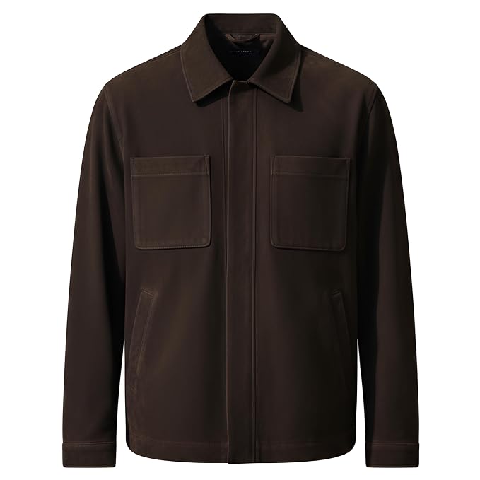 Front view of the dark brown Legacy Hide Pure Suede Leather Jacket featuring a shirt collar, concealed placket, and chest pockets.