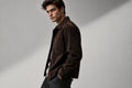 Side view of the dark brown Legacy Hide Pure Suede Leather Jacket featuring a shirt collar, concealed placket, and chest pockets.