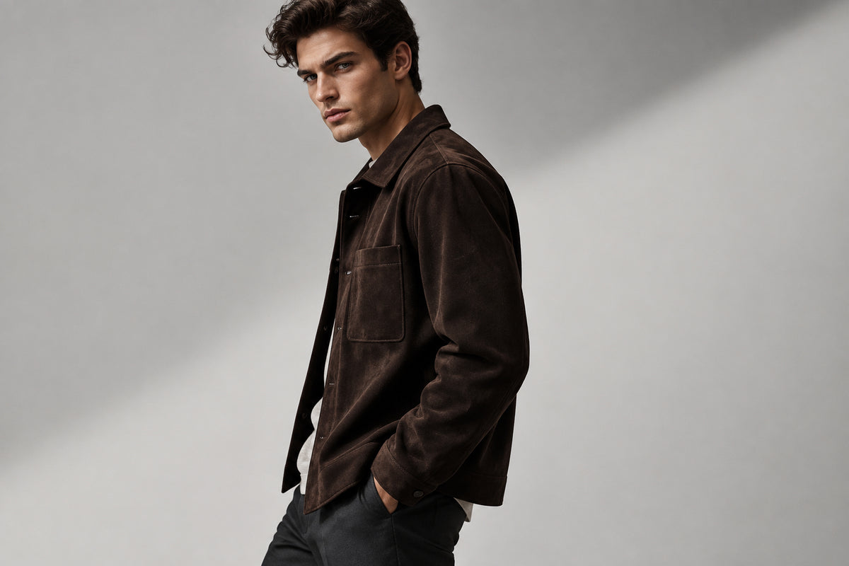 Side view of the dark brown Legacy Hide Pure Suede Leather Jacket featuring a shirt collar, concealed placket, and chest pockets.