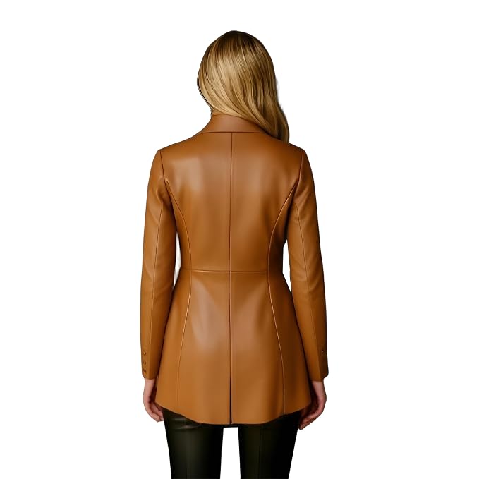 Lunar Ember women's cognac tan genuine lambskin leather classic long coat featuring peak lapel collar, double-breasted button-front closure, flap waist pockets, buttoned cuffs, and custom made-to-measure fitting across the UK, USA, and Australia.back