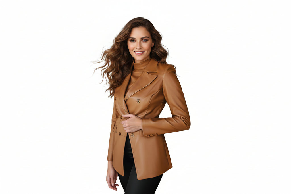Lunar Ember women's cognac tan genuine lambskin leather classic long coat featuring peak lapel collar, double-breasted button-front closure, flap waist pockets, buttoned cuffs, and custom made-to-measure fitting across the UK, USA, and Australia.