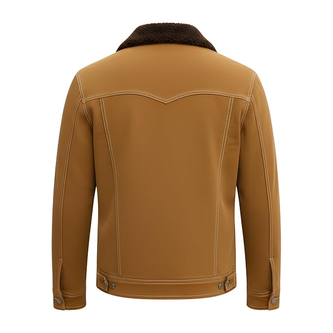 Back view of the tan brown Luxe Edge Urban Racer Suede Leather Jacket featuring a shearling collar, button closure, and chest flap pockets.