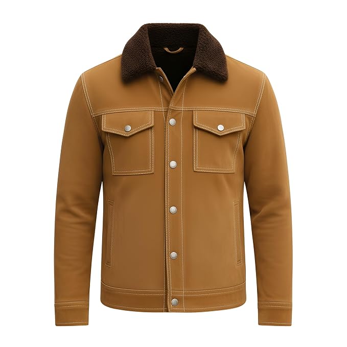 Front view of the tan brown Luxe Edge Urban Racer Suede Leather Jacket featuring a shearling collar, button closure, and chest flap pockets.