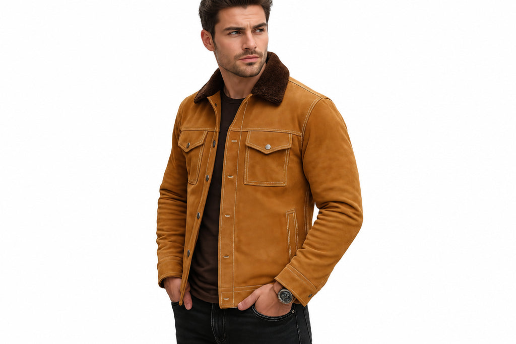 Side view of the tan brown Luxe Edge Urban Racer Suede Leather Jacket featuring a shearling collar, button closure, and chest flap pockets.
