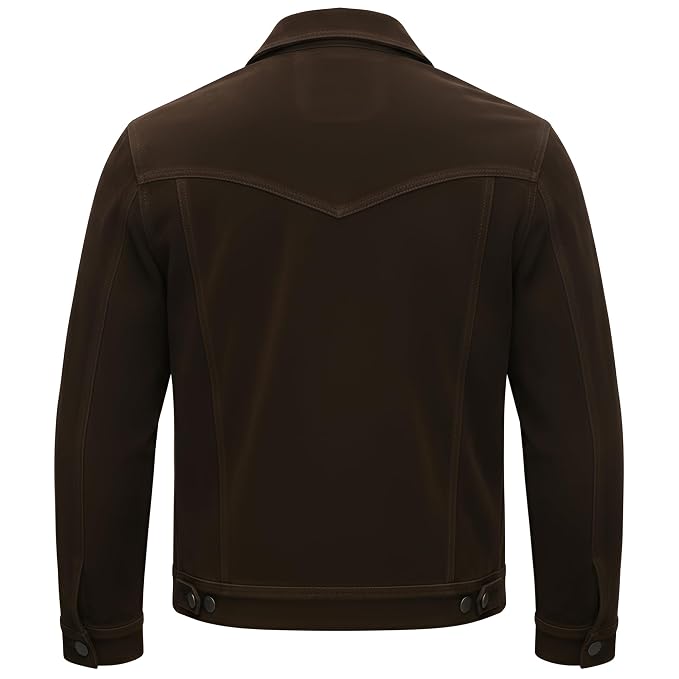 Back view of the dark espresso brown Luxe Forge Black Racer Suede Leather Jacket featuring a shirt collar, button closure, and utility pockets.