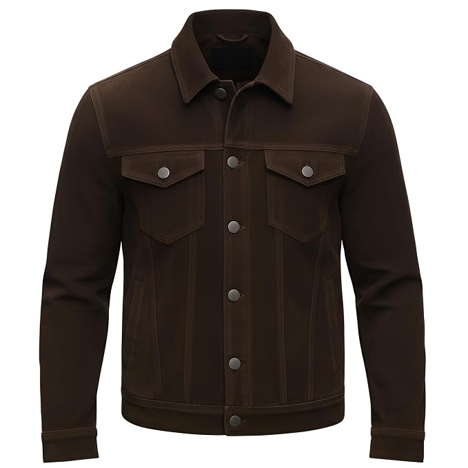 Front view of the dark espresso brown Luxe Forge Black Racer Suede Leather Jacket featuring a shirt collar, button closure, and utility pockets.