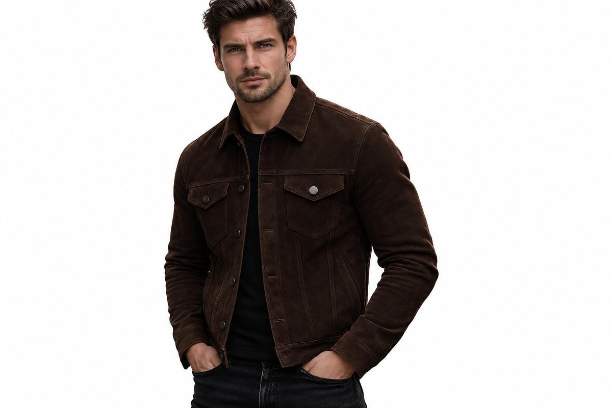 Side view of the dark espresso brown Luxe Forge Black Racer Suede Leather Jacket featuring a shirt collar, button closure, and utility pockets.