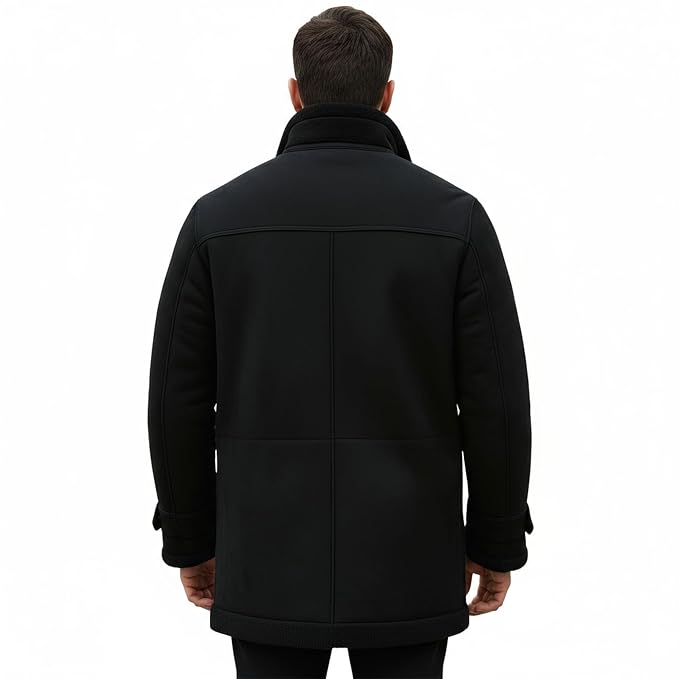 Men's luxe knight vintage genuine soft suede real leather 3/4 length long coat in jet black featuring a plush integrated black shearling fleece stand collar and lining, single-breasted button front closure with shearling edge trim, large buttoned flap front utility pockets, adjustable wrist cuff straps with shearling trim, mid-thigh length cut, and custom made-to-measure fitting across the UK, USA, and Australia.back
