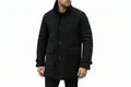 Men's luxe knight vintage genuine soft suede real leather 3/4 length long coat in jet black featuring a plush integrated black shearling fleece stand collar and lining, single-breasted button front closure with shearling edge trim, large buttoned flap front utility pockets, adjustable wrist cuff straps with shearling trim, mid-thigh length cut, and custom made-to-measure fitting across the UK, USA, and Australia.
