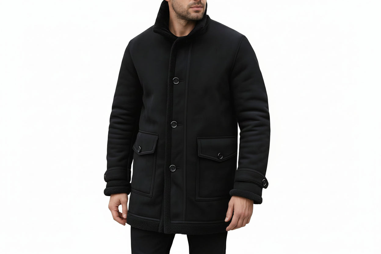 Men's luxe knight vintage genuine soft suede real leather 3/4 length long coat in jet black featuring a plush integrated black shearling fleece stand collar and lining, single-breasted button front closure with shearling edge trim, large buttoned flap front utility pockets, adjustable wrist cuff straps with shearling trim, mid-thigh length cut, and custom made-to-measure fitting across the UK, USA, and Australia.