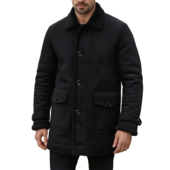 Men's luxe knight vintage genuine soft suede real leather 3/4 length long coat in jet black featuring a plush integrated black shearling fleece stand collar and lining, single-breasted button front closure with shearling edge trim, large buttoned flap front utility pockets, adjustable wrist cuff straps with shearling trim, mid-thigh length cut, and custom made-to-measure fitting across the UK, USA, and Australia.side