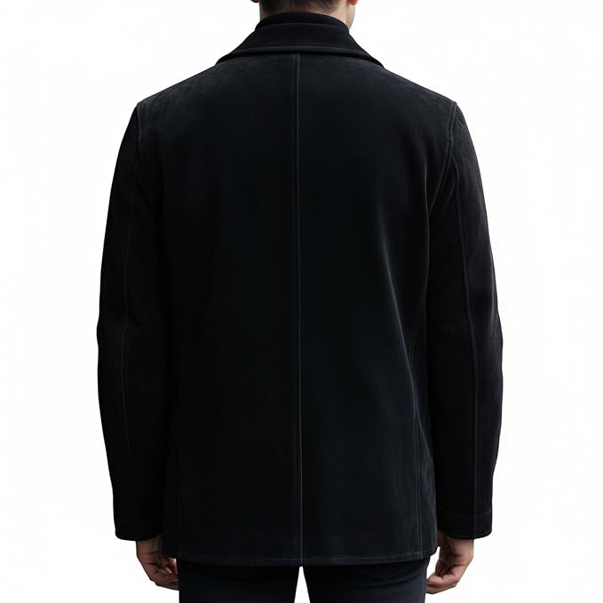 Men's luxe line contemporary genuine soft suede real leather short trench coat in matte jet black featuring a structured shirt-style collar with notch lapels, single-breasted button front closure, angled side handwarmer welt pockets, long fitted sleeves, clean mid-length cut, and custom made-to-measure fitting across the UK, USA, and Australia.back