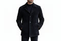Men's luxe line contemporary genuine soft suede real leather short trench coat in matte jet black featuring a structured shirt-style collar with notch lapels, single-breasted button front closure, angled side handwarmer welt pockets, long fitted sleeves, clean mid-length cut, and custom made-to-measure fitting across the UK, USA, and Australia.