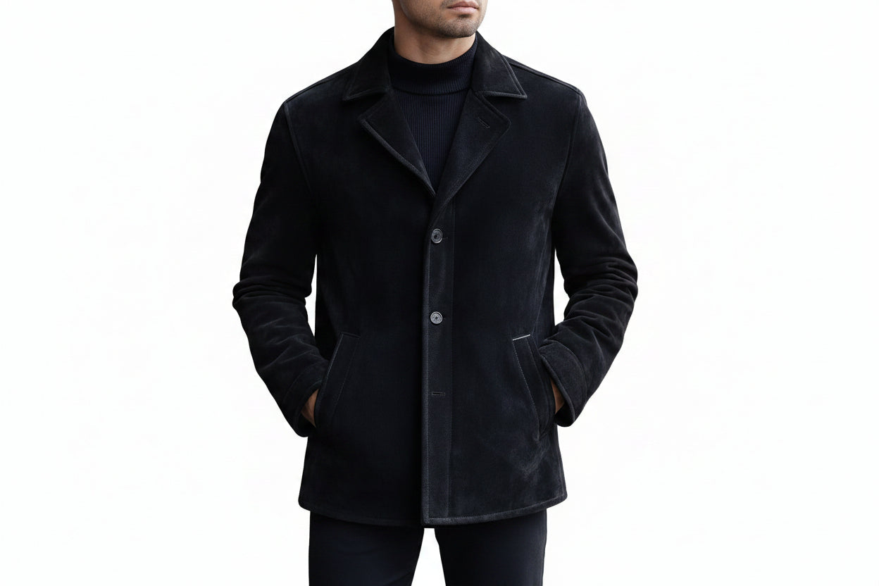 Men's luxe line contemporary genuine soft suede real leather short trench coat in matte jet black featuring a structured shirt-style collar with notch lapels, single-breasted button front closure, angled side handwarmer welt pockets, long fitted sleeves, clean mid-length cut, and custom made-to-measure fitting across the UK, USA, and Australia.
