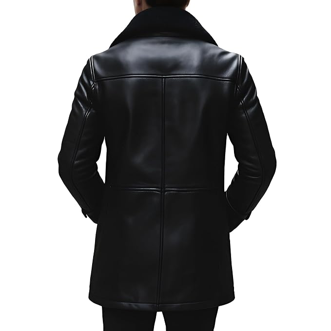 Men's luxe monarch black distressed genuine soft lambskin real leather 3/4 length coat featuring a plush wide black shearling fleece collar and notch lapels, single-breasted button front closure, angled side handwarmer welt pockets, long fitted sleeves, mid-thigh length cut, and custom made-to-measure fitting across the UK, USA, and Australia.back