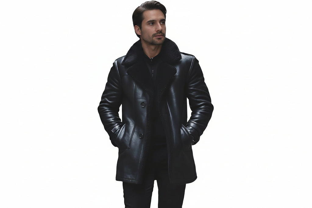 Men's luxe monarch black distressed genuine soft lambskin real leather 3/4 length coat featuring a plush wide black shearling fleece collar and notch lapels, single-breasted button front closure, angled side handwarmer welt pockets, long fitted sleeves, mid-thigh length cut, and custom made-to-measure fitting across the UK, USA, and Australia.