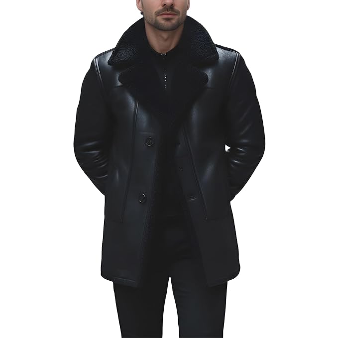 Men's luxe monarch black distressed genuine soft lambskin real leather 3/4 length coat featuring a plush wide black shearling fleece collar and notch lapels, single-breasted button front closure, angled side handwarmer welt pockets, long fitted sleeves, mid-thigh length cut, and custom made-to-measure fitting across the UK, USA, and Australia.side
