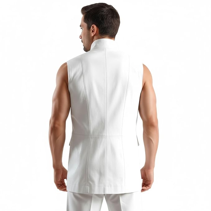 Men's luxe pelt stylish tailored fit genuine soft lambskin real leather sleeveless long coat in crisp optic white featuring a high upright standing collar, open front drape, cutaway armholes, structured waist flap pockets, contoured vertical seaming, mid-thigh length vest silhouette, and custom made-to-measure fitting across the UK, USA, and Australia.back