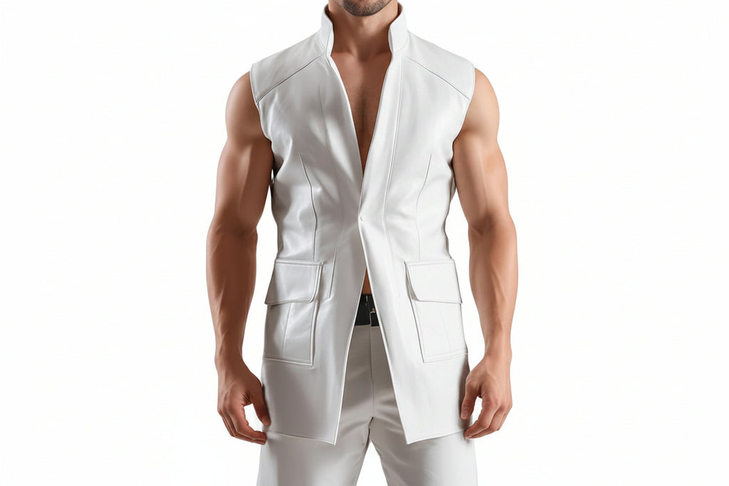 Men's luxe pelt stylish tailored fit genuine soft lambskin real leather sleeveless long coat in crisp optic white featuring a high upright standing collar, open front drape, cutaway armholes, structured waist flap pockets, contoured vertical seaming, mid-thigh length vest silhouette, and custom made-to-measure fitting across the UK, USA, and Australia.