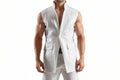 Men's luxe pelt stylish tailored fit genuine soft lambskin real leather sleeveless long coat in crisp optic white featuring a high upright standing collar, open front drape, cutaway armholes, structured waist flap pockets, contoured vertical seaming, mid-thigh length vest silhouette, and custom made-to-measure fitting across the UK, USA, and Australia.