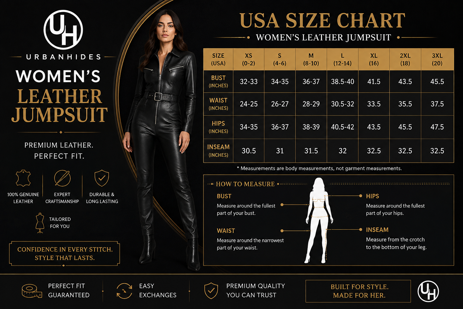 UrbanHides women’s leather jumpsuit USA size chart banner featuring a premium black leather jumpsuit, bust, waist, hip and inseam measurements, and fit guide for women in the UK, USA and Australia.