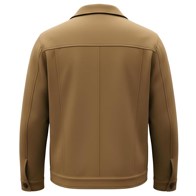 Back view of the tan Manor Craft Classic Suede Leather Jacket featuring a shirt collar, button closure, and utility chest pockets.