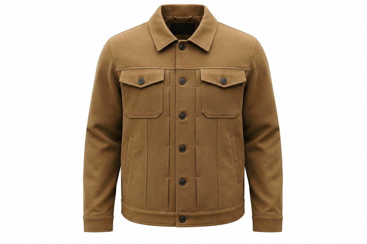 Front view of the tan Manor Craft Classic Suede Leather Jacket featuring a shirt collar, button closure, and utility chest pockets.