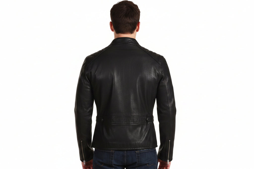 Men's Master-Cut genuine real soft lambskin leather rider jacket in sleek jet black featuring a mandarin stand collar, two-way front silver zipper closure, dual horizontal zip chest pockets, dual welted zip waist pockets, tailored slim fit, and custom made-to-measure tailoring available worldwide.back