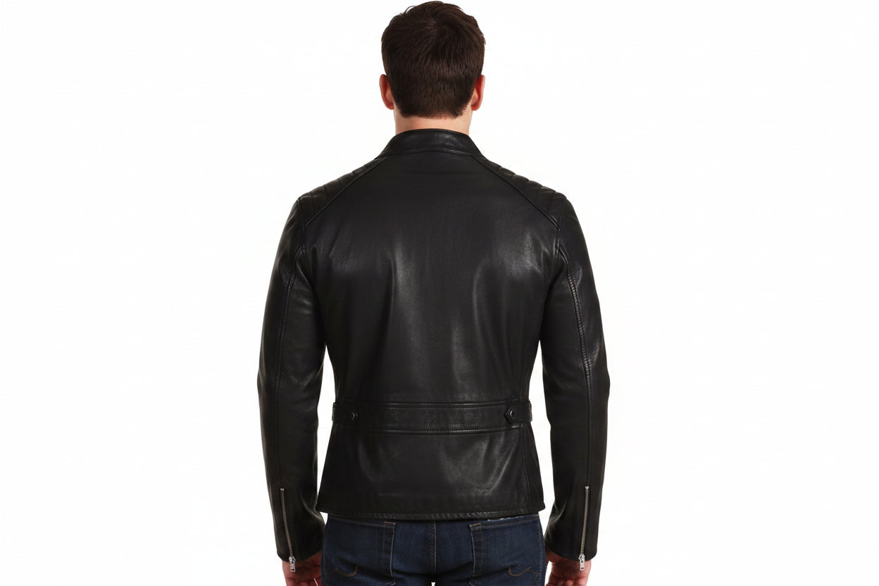 Men's Master-Cut genuine real soft lambskin leather rider jacket in sleek jet black featuring a mandarin stand collar, two-way front silver zipper closure, dual horizontal zip chest pockets, dual welted zip waist pockets, tailored slim fit, and custom made-to-measure tailoring available worldwide.back