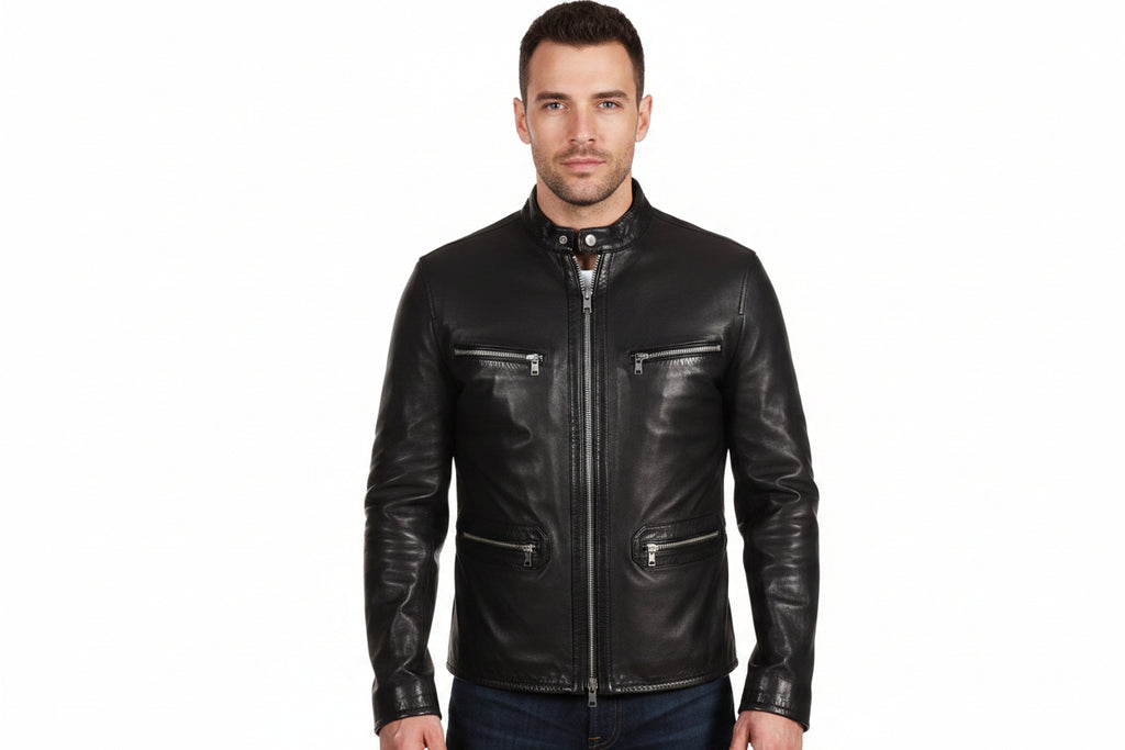 Men's Master-Cut genuine real soft lambskin leather rider jacket in sleek jet black featuring a mandarin stand collar, two-way front silver zipper closure, dual horizontal zip chest pockets, dual welted zip waist pockets, tailored slim fit, and custom made-to-measure tailoring available worldwide.