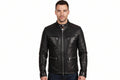Men's Master-Cut genuine real soft lambskin leather rider jacket in sleek jet black featuring a mandarin stand collar, two-way front silver zipper closure, dual horizontal zip chest pockets, dual welted zip waist pockets, tailored slim fit, and custom made-to-measure tailoring available worldwide.