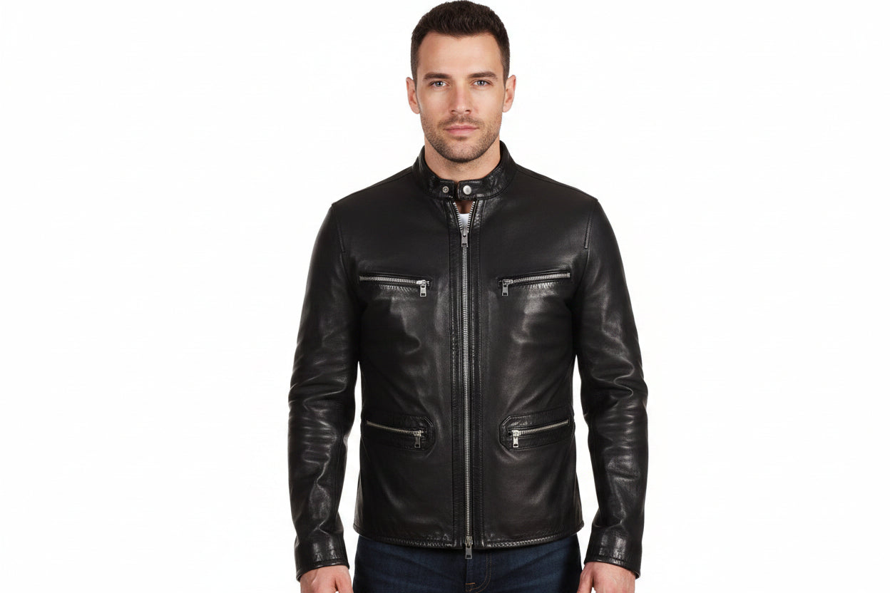 Men's Master-Cut genuine real soft lambskin leather rider jacket in sleek jet black featuring a mandarin stand collar, two-way front silver zipper closure, dual horizontal zip chest pockets, dual welted zip waist pockets, tailored slim fit, and custom made-to-measure tailoring available worldwide.