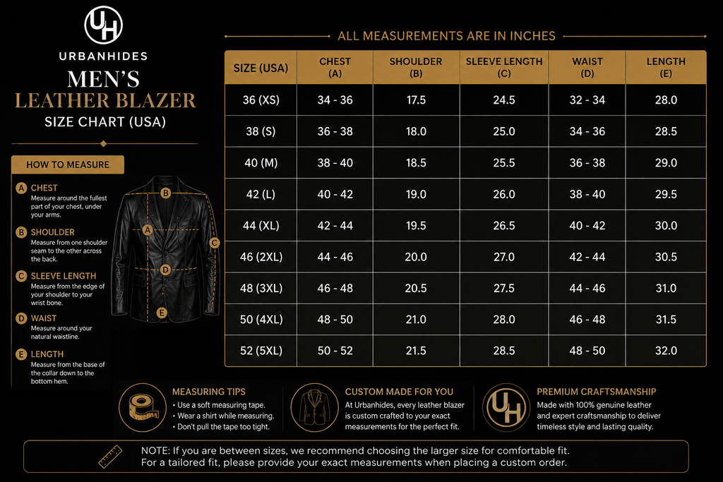 UrbanHides men’s leather blazer USA size chart with chest, shoulder, sleeve, waist and length measurements, custom sizing guide
