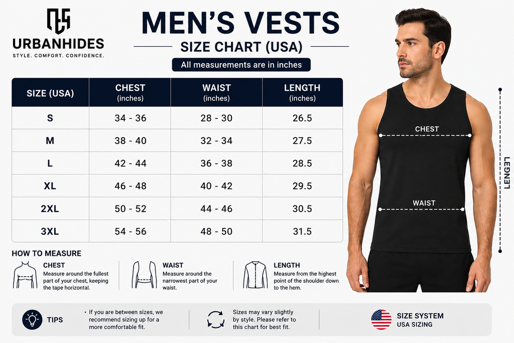 Urbanhides men’s vests USA size chart showing chest, waist, and length measurements from S to 3XL, with a male model demonstrating how to measure for the correct vest size.