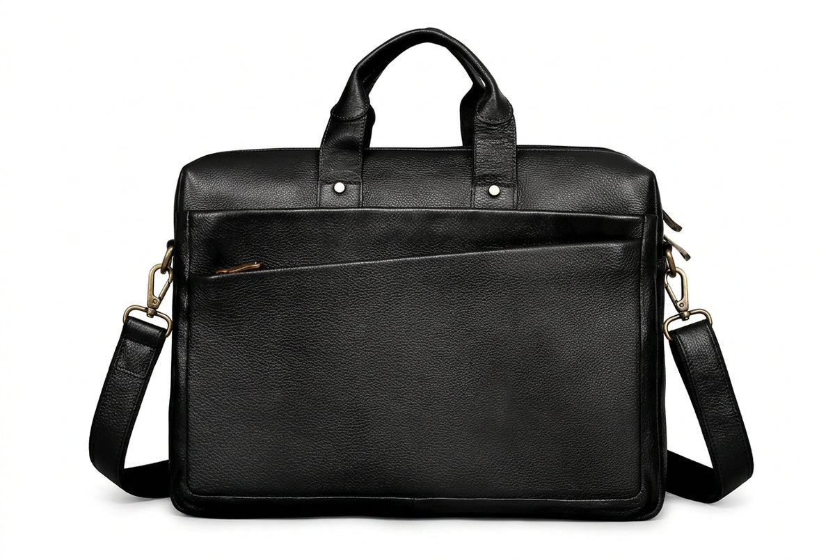 Midnight Black Full Grain Leather Slim Laptop Briefcase