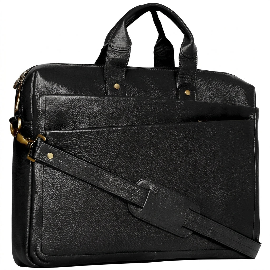 Midnight Black Full Grain Leather Slim Laptop Briefcase