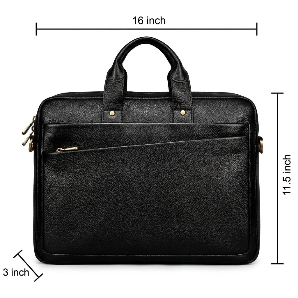 Midnight Black Full Grain Leather Slim Laptop Briefcase