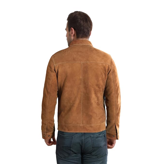 Back view of a man wearing the tan brown Midnight Crest Luxe Aristocrat Suede Rider Jacket featuring a collar, zip front, and chest pockets.