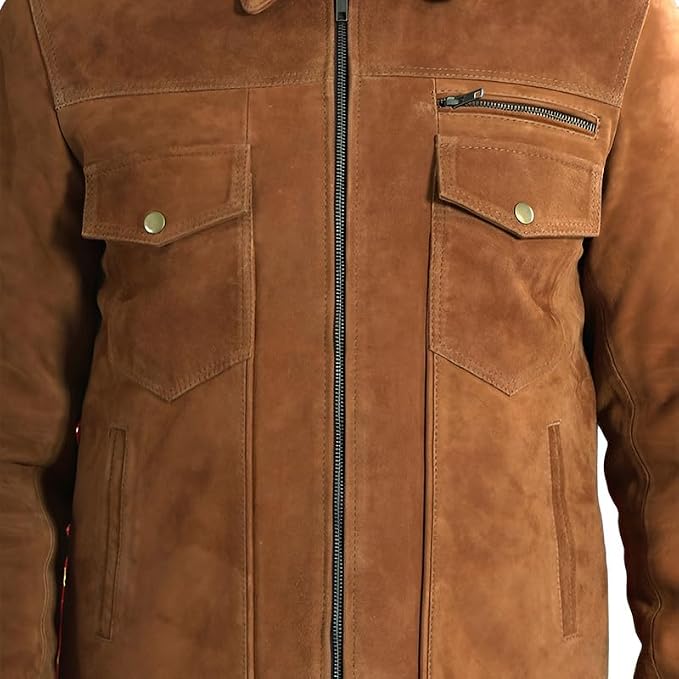 Closer view of a man wearing the tan brown Midnight Crest Luxe Aristocrat Suede Rider Jacket featuring a collar, zip front, and chest pockets.