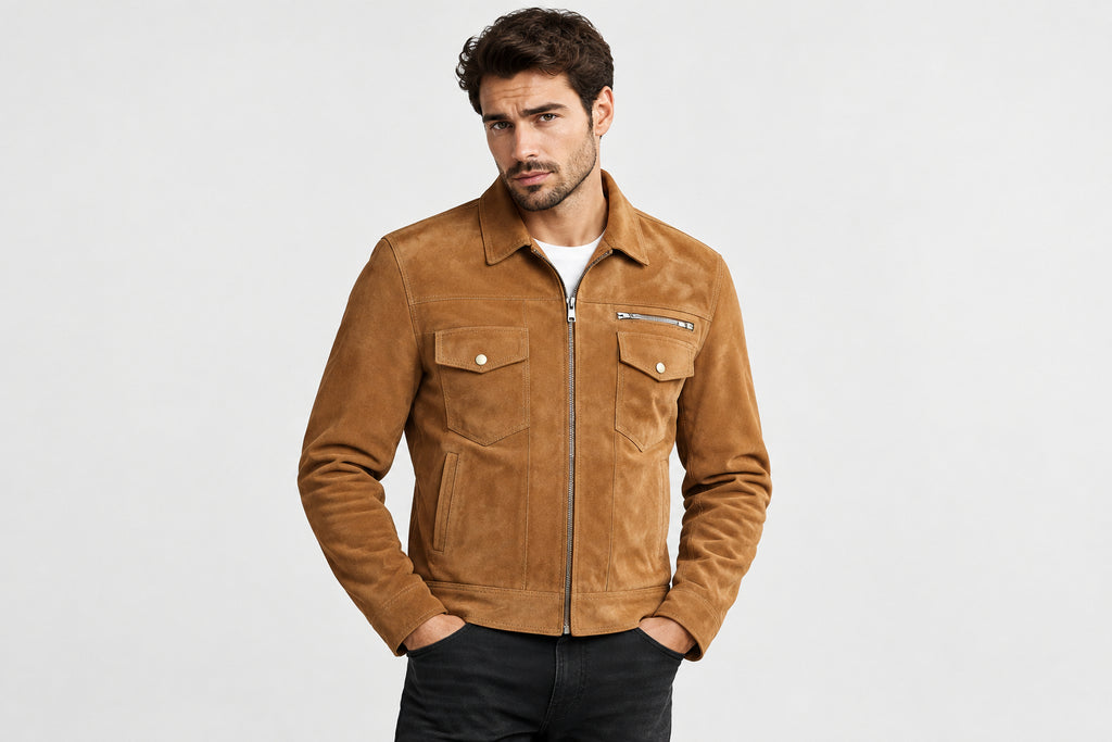 Front view of a man wearing the tan brown Midnight Crest Luxe Aristocrat Suede Rider Jacket featuring a collar, zip front, and chest pockets.