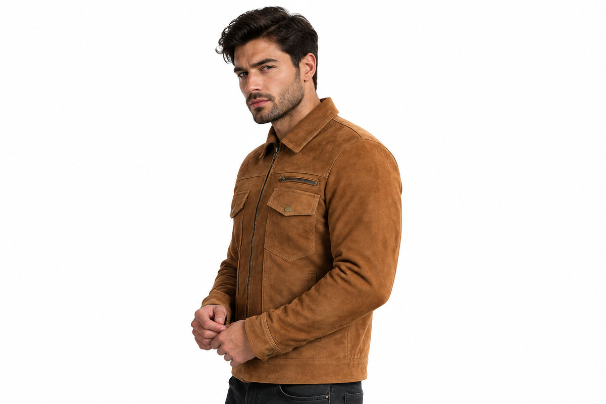 Side view of a man wearing the tan brown Midnight Crest Luxe Aristocrat Suede Rider Jacket featuring a collar, zip front, and chest pockets.