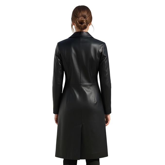 Midnight Edge women's jet black genuine lambskin leather long coat featuring notch lapel collar, single-breasted four-button front closure, side welt pockets, knee-length fit, and custom made-to-measure fitting across the UK, USA, and Australia.back