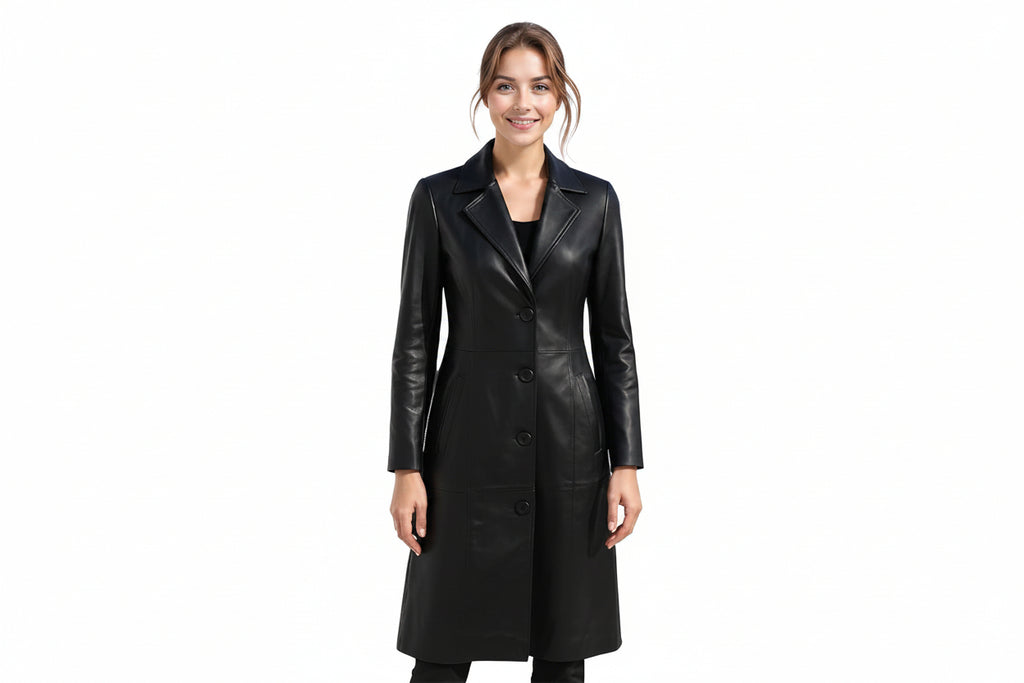 Midnight Edge women's jet black genuine lambskin leather long coat featuring notch lapel collar, single-breasted four-button front closure, side welt pockets, knee-length fit, and custom made-to-measure fitting across the UK, USA, and Australia.