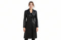 Midnight Edge women's jet black genuine lambskin leather long coat featuring notch lapel collar, single-breasted four-button front closure, side welt pockets, knee-length fit, and custom made-to-measure fitting across the UK, USA, and Australia.