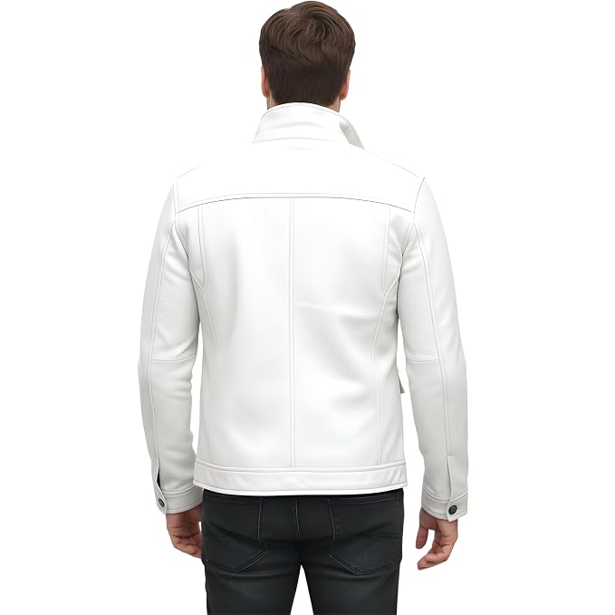 Back view of a man wearing the pure white Midnight Pelt Premium Genuine Biker Leather Jacket featuring a fold-over collar and utility pockets.