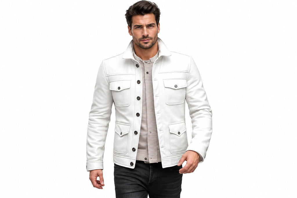 Front view of a man wearing the pure white Midnight Pelt Premium Genuine Biker Leather Jacket featuring a fold-over collar and utility pockets.