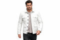 Front view of a man wearing the pure white Midnight Pelt Premium Genuine Biker Leather Jacket featuring a fold-over collar and utility pockets.