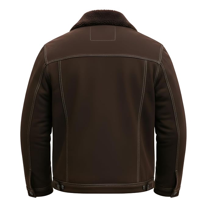 Back view of the dark brown Monarch Forge Rebel Style Biker Suede Leather Jacket featuring a shearling collar, button closure, and utility pockets.