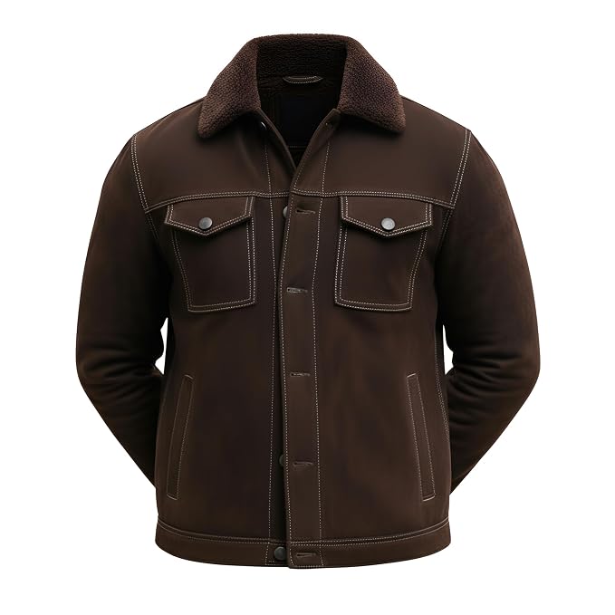 Front view of the dark brown Monarch Forge Rebel Style Biker Suede Leather Jacket featuring a shearling collar, button closure, and utility pockets.