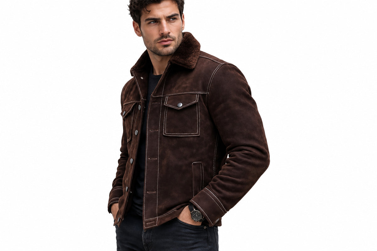 Side view of the dark brown Monarch Forge Rebel Style Biker Suede Leather Jacket featuring a shearling collar, button closure, and utility pockets.
